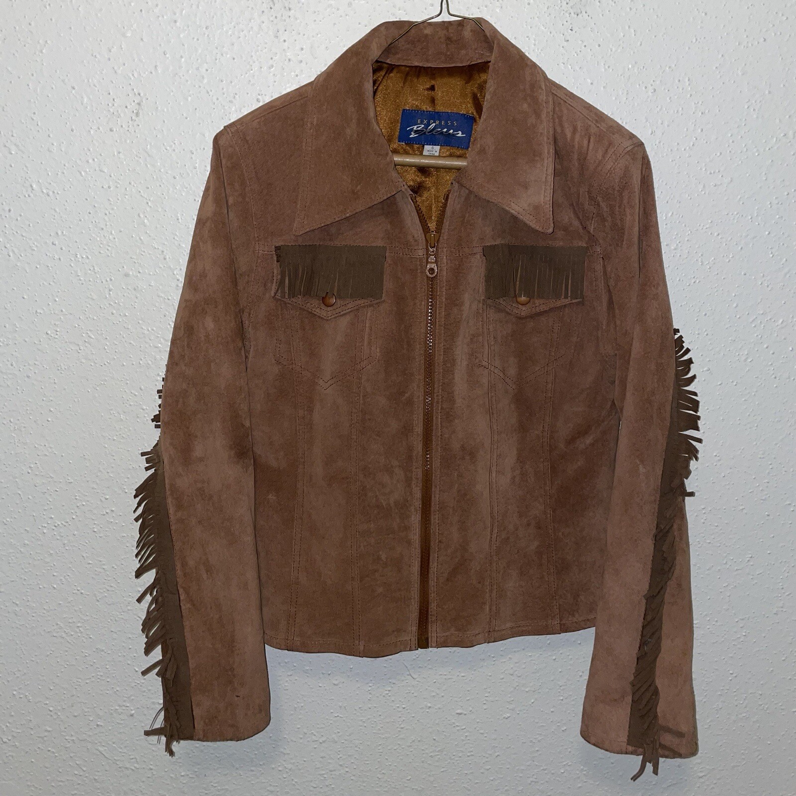 VTG Express Brown Leather Fringe Western Boho Zip Collar Jacket. Size Small