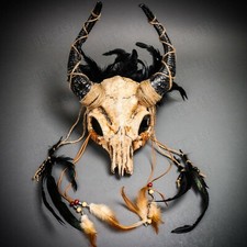 Scary Devil Animal Ghost Skull Horns w/ FeatherMask Halloween Masquerade Cosplay