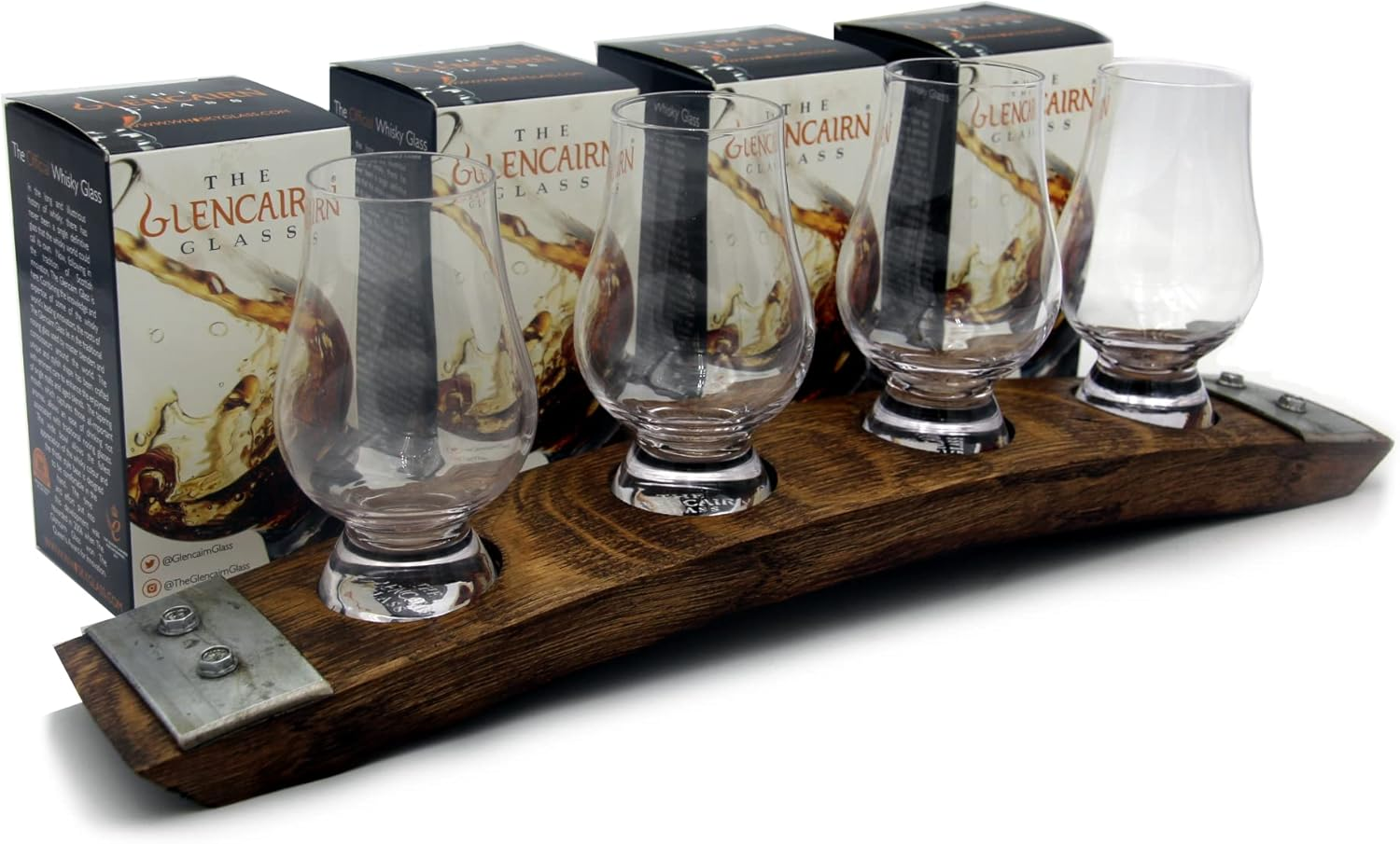Barrel Stave Premium 4 Glass Whiskey Flight Serving Tray with Glencairn Glasses,-image