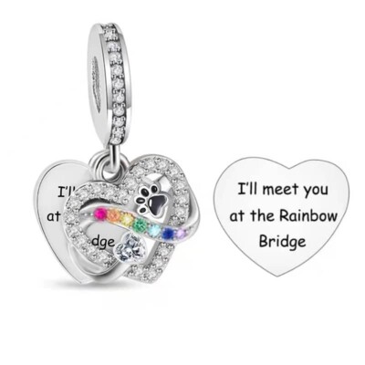   Hund Katze Charm Pfotenabdrücke Regenbogen Brücke Denkmal Echt 925 Sterling Silber 