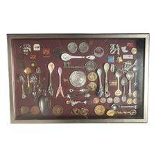 Wall Art Custom Shadowbox Frame Vintage Travel Seal Souvenir Spoons Coins Token
