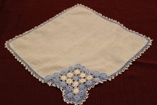 Vintage Blue and White Crochet Handkerchief, Retro Tatting/Crochet Linen Hankie