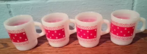 4  Vintage Anchor Hocking Fireking Red  Polka Dots & Lace Milk Glass Coffee Mugs