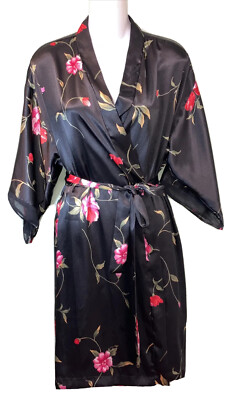 LA Private Luxuries Sz M Black Floral Print Wrap Robe Kimono Style Pockets PO