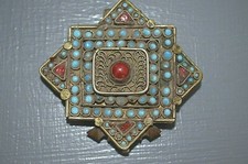  Reliquaire Tibétain Portatif Pendentif en Cuivre  Pierre Semi Précieuse 19 -ème