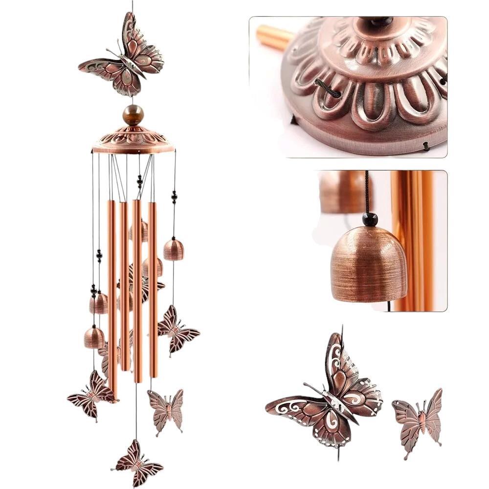 Beautiful Butterfly Wind Chimes 35.5" Indoor/Outdoor Metal 4-Tubes, 6-Bells Gift
