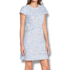 Eliza J Tweed Sheath Dress Size 18 Eyelash Fringe Trim Cap Sleeve Lt Blue Lined
