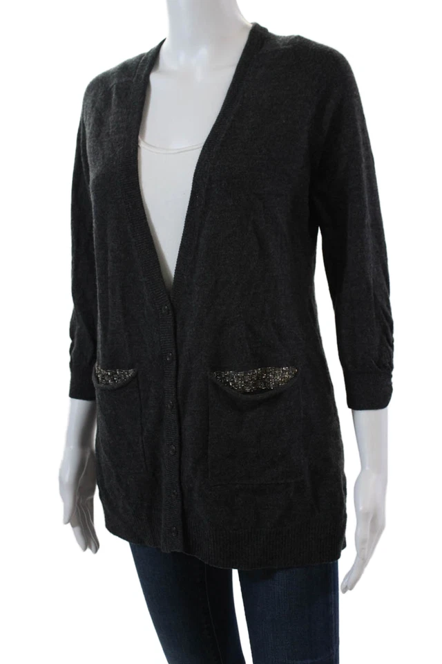 Cárdigan suéter gris Shoshanna para mujer de lana merino manga larga cuello en V talla L Foto 2 de 4