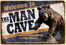 Man Cave Black Bear Metal Wall Sign 12" x 8"