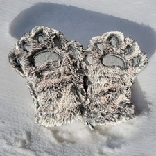 Gray/Black Faux Fur Animal Paw Fingerless Costume Gloves Adult Unisex One Size