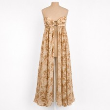 Y2K Abstract Floral Open Front Strapless Maxi Dress Sz S Tan Chiffon Fairy Layer