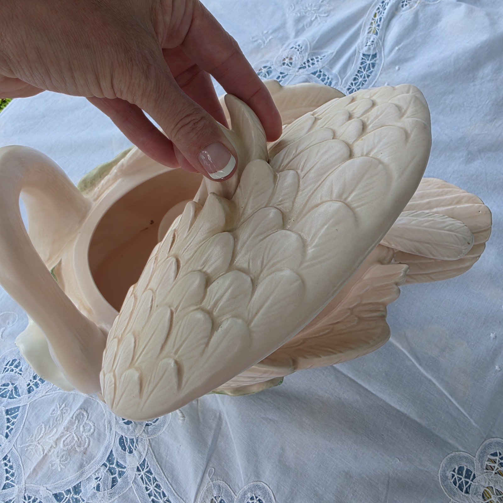 VTG Fitz & Floyd Ceramic Swan Lily Soup Tureen w/ Feather Ladle Lid 1987 3.5 Qt