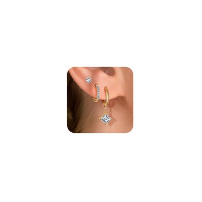 Surgical Steel Small Stud Clover Drop Dangle Huggie MED, E-14K Gold Plated S