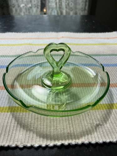 Vintage URANIUM GLASS Tray With Heart Handle - Glows Under Black Light!