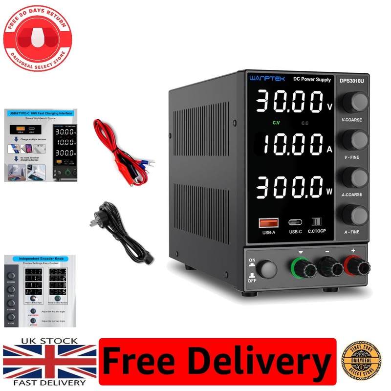 Adjustable 0-30V 10A DC Power Supply with Coarse & Fine Knobs - Fast Charge