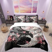 Chinese Style Dragon Bedding Set Yin-yang Geometric Retro Duvet Cover Pink Fl...