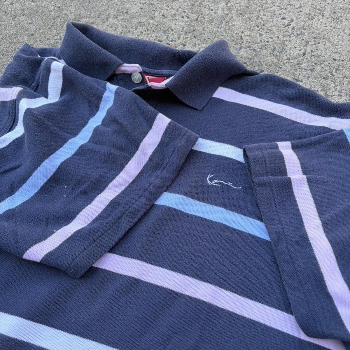 Vintage 90s Karl Kani Striped Polo Shirt Navy Blue XL Embroidered