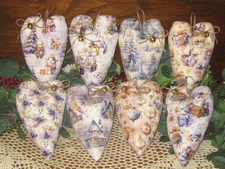 Blue Gold Christmas 8 Hearts Ornaments Bowl Fillers Wreath Accents Vintage Look