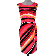 Tahari Dress Womens 8 Black Pink Stripe Stretch Knit Lined Ruched Side Tie