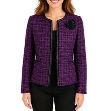 Tahari ASL Tweed Blazer Size 8 Purple Black Open Chain Trim Lapel Flower Pockets