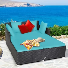 Patiojoy Outdoor Patio Rattan Daybed Pillows Cushioned Sofa Garden Turquoise