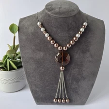 LDADPR Faux Pearl & Amber Glass Necklace Retro Flapper French Tassel Classic