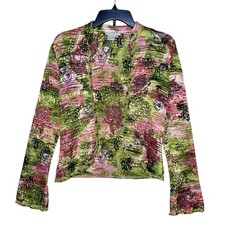 Alberto Makali Crinkle Blazer S Beaded Flower Wearable Art Green Pink Asian