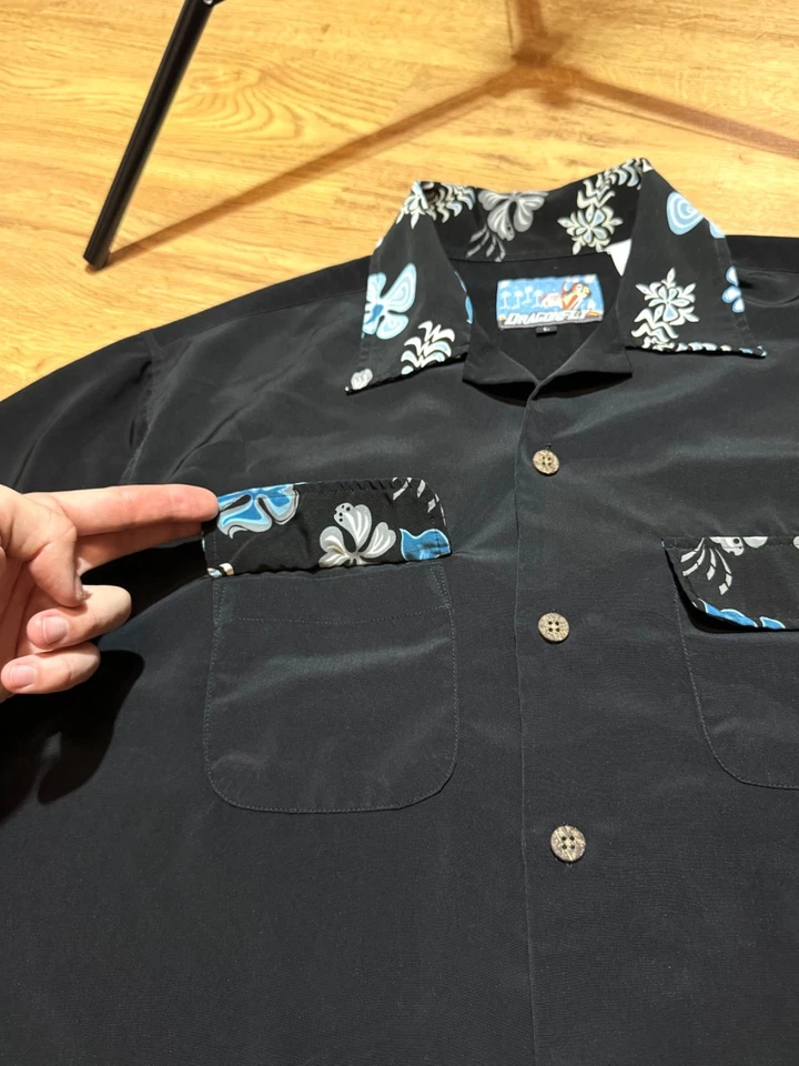 RARE Vintage Dragonfly Hawaiian Girl Back Embroidery Button Shirt Men's Size L - Image 4 of 4