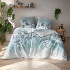 Biancheria da letto Estella Bio Mako raso 135x200 Soraia azzurro foglie erbe 3428-6