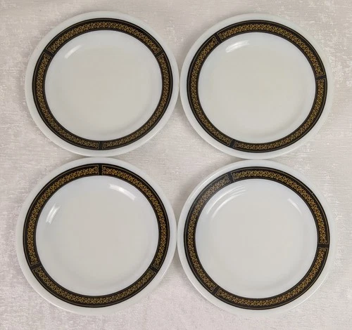 Set 4 Corning Pyrex Fleur-De-Lis 9" Ebony Lunch/Salad Plates Black Gold Scroll 