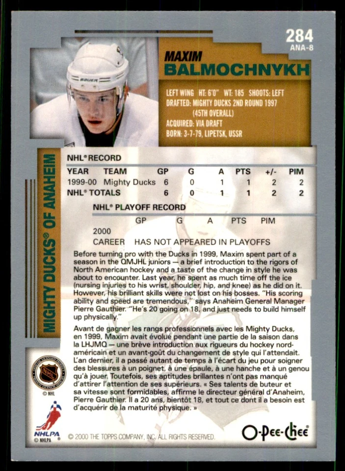 2000-01 O-Pee-Chee Maxim Balmochnykh Anaheim Mighty Ducks #284 - Image 2 of 2