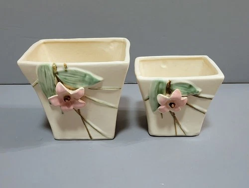 Mccoy Pottery Blossom Time Floral Ivory White Pink Planters Vintage