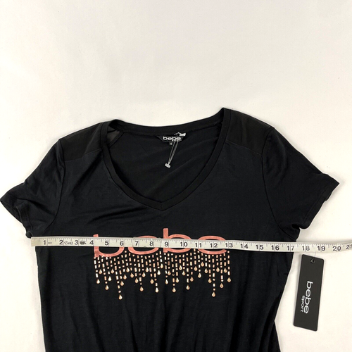 New Women’s Bebe Sport Rhinestone Logo V-Neck T-Shirt Sz S NWT Black Cropped - Picture 6 of 9