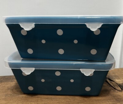 Temptations Rectangle ovenware By TARA 2 Loaf baking dishes Blue Polka Dot