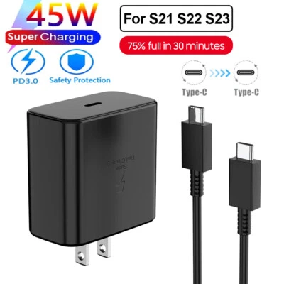 THE-PHONE-ZONE 45w Type USB-C Super Fast Wall Charger+6FT Cable For Samsung Galaxy S23 S22 S21