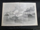 1885 Civil War Print- Grand Gulf, Miss. Federal Ironclads Attacking Confederates