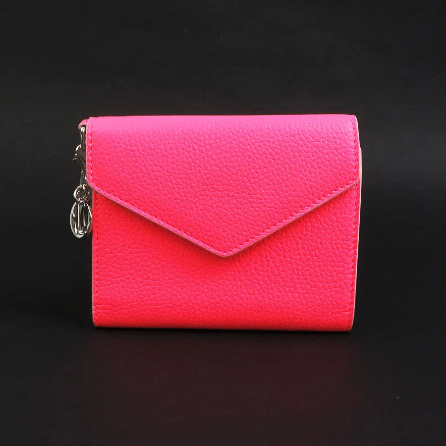 Portefeuille triple authentique Christian Dior cuir rose néon   r10096m