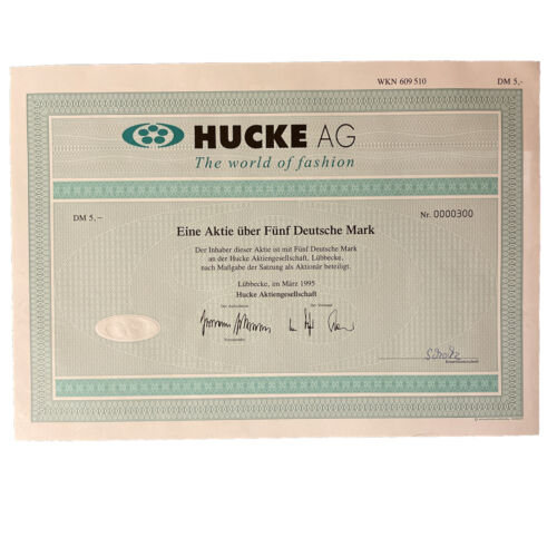 Hucke AG 5 DM Aktie 1995 Lübbecke mit Coupons unentwertet  - Bild 1 von 2