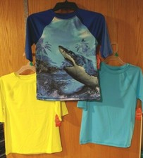 3 New Boys Wonder Nation Rash Guards sz 10/12 Yellow, Blue, Shark UPF 50  -2747