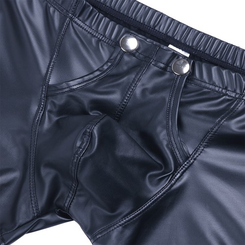 Men's Faux Leather Shorts Press Button with Bulge Pouch Underpants Underwear - Picture 8 of 17