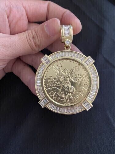 14K Yellow Gold Finish 50 Pesos Mexican 3Ct Baguette Lab-Created Diamond Pendant - Picture 1 of 4