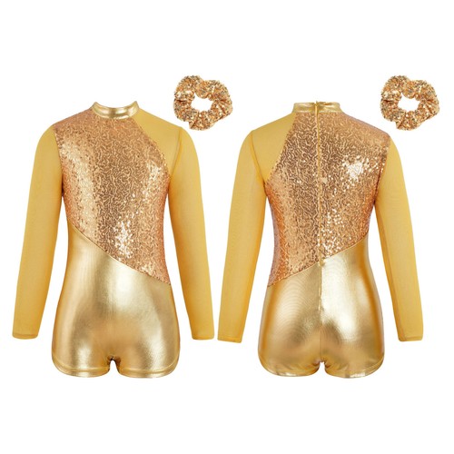 Kids Girls Dancewear Dance Sets Metallic Outfit Gymnastics Leotard Zipper Back - Picture 4 of 53