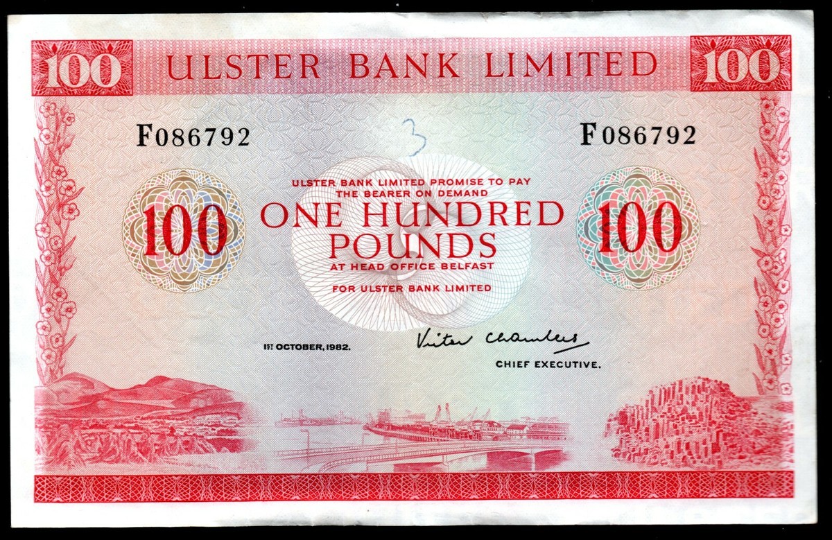 SCARCE 1977 1982 Ulster Bank Ltd Belfast £100 banknotes real