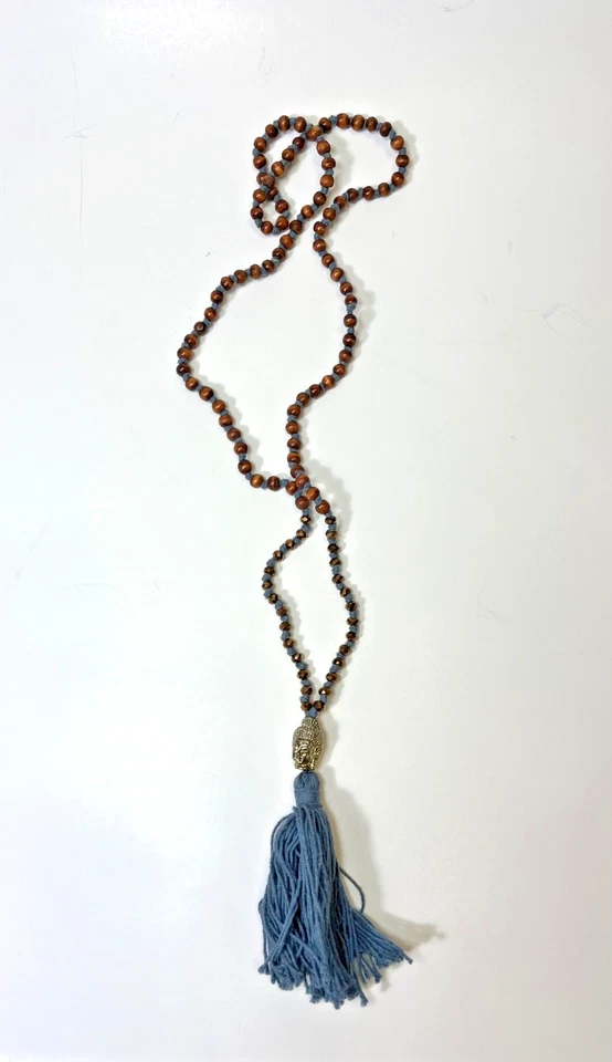 BIG HEAD BUDDHA Prayer Beads Necklace Tassel natural wood GRAY TASSEL Periwinkle - Image 4 of 4