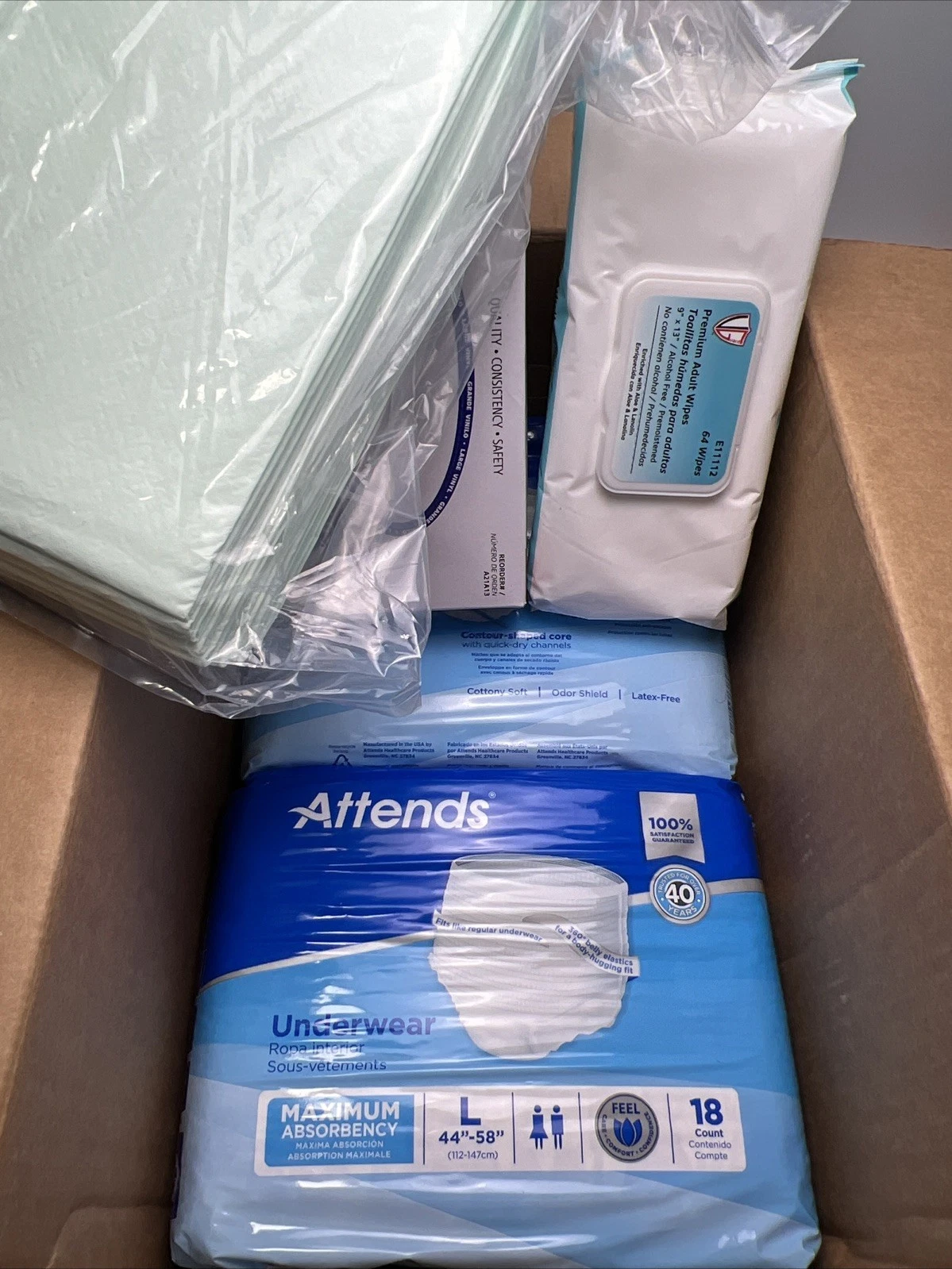 Attends Adult Underwear Diapers 36 CT, Large, 64 Wipes/100 Gloves, 20 Pads Kit