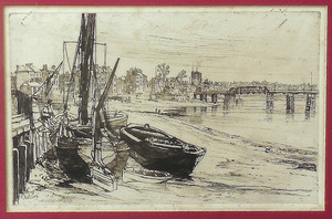 A Fine Antique Victorian Drypoint ETCHING CHELSEA 1879 Barges Thames Bank SIGNED