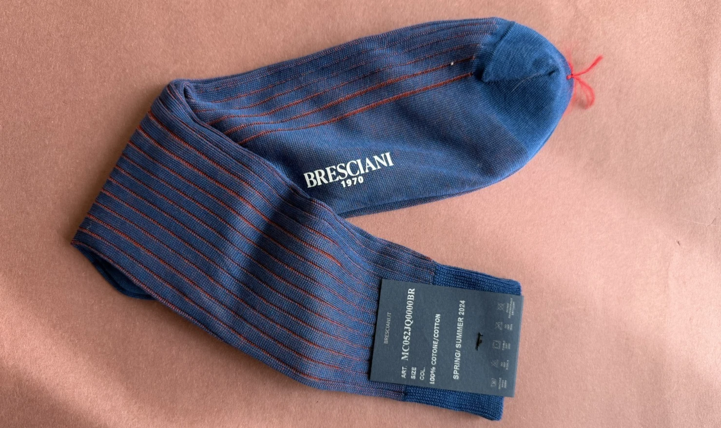 SPRING/SUMMER 2024 Men's Bresciani Socks NWT 100% Cotton Blue w/Red Stripes