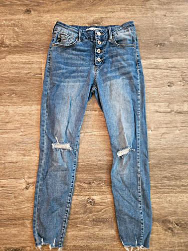 KanCan Women's High Rise Skinny Jeans Medium Wash Button Fly Distressed