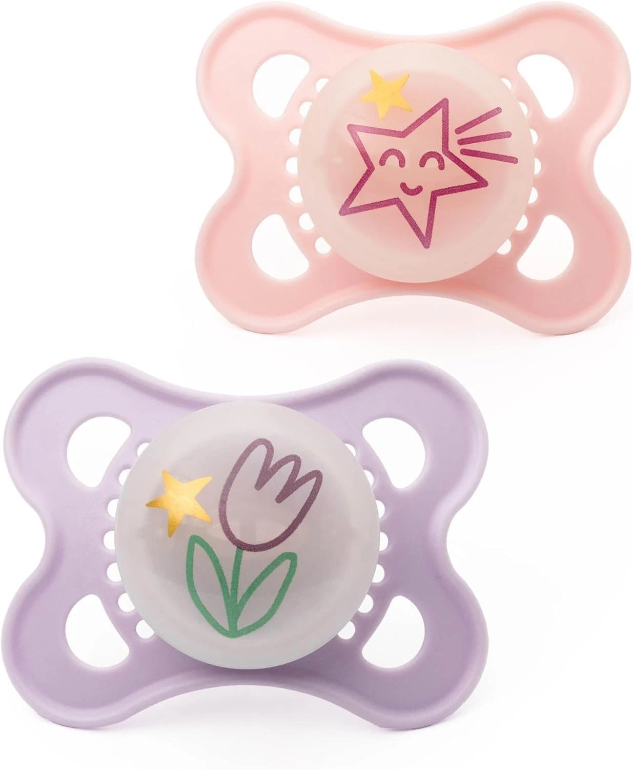 MAM Night Soothers Glow Dark Orthodontic Silicone Dummy Pink 0-6 Months