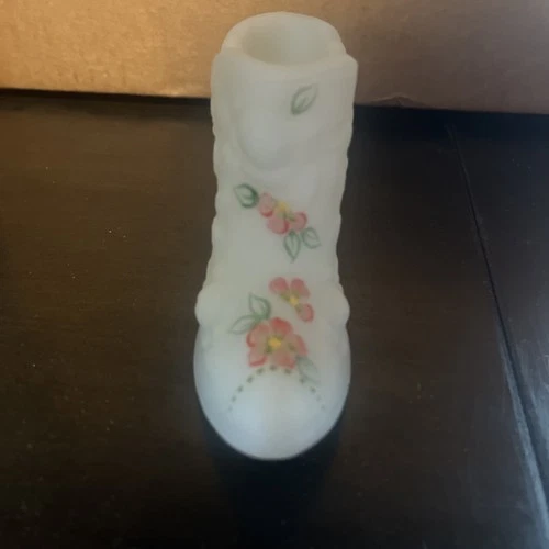 Fenton Milk Glass Hand Painted Slipper Shoe Floral Signed Vintage